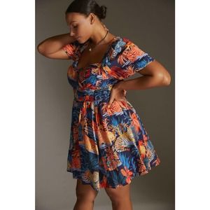 Tropical Print Blue and Orange Dress